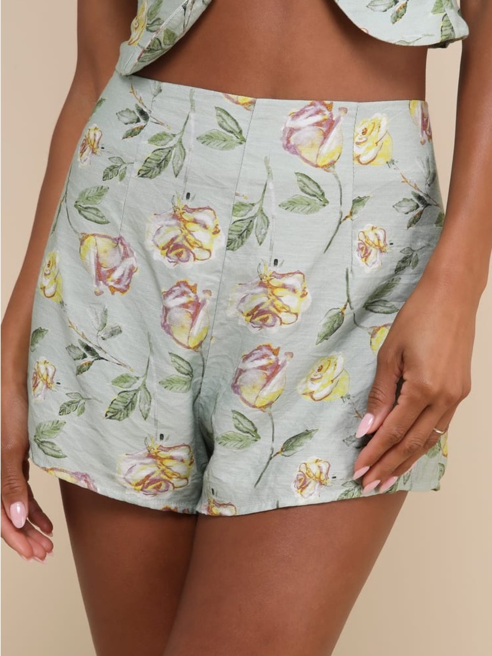 Lulu's Sage Green High-Waist Floral Shorts with Yellow & Pink Roses